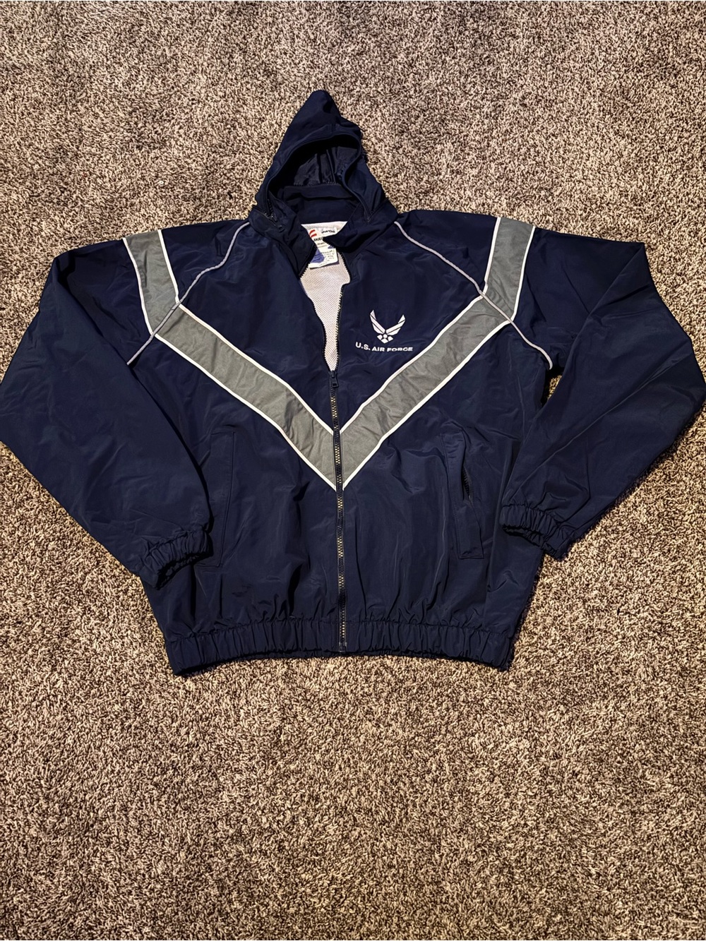 U.S. Air Force Navy Hooded Windbreaker Jacket with Reflective Chevron